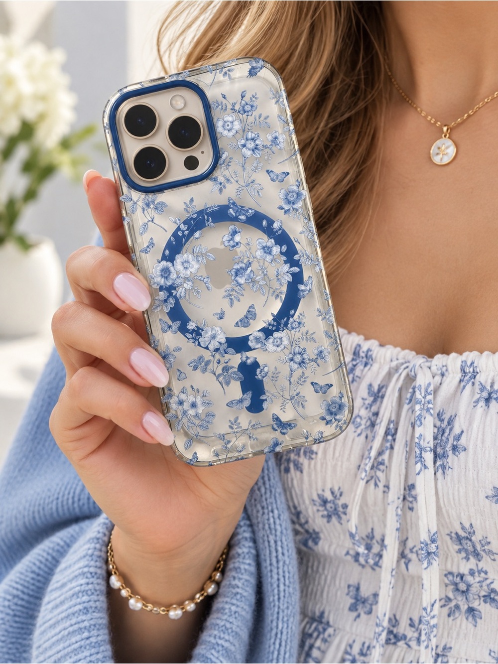 Forever Sundays iPhone 16 Pro Case Blue Floral MagSafe Compatible NWT